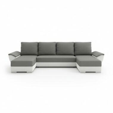 Narożnik z funkcją spania Fly U-kształtny z pojemnikiem na pościel szaro-biały plusz