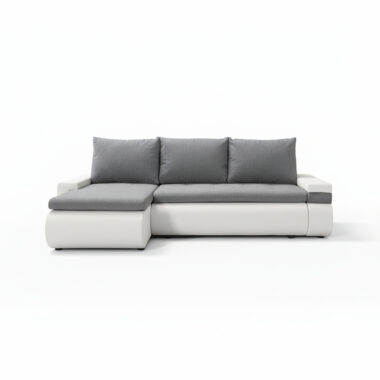Narożnik z funkcją spania Manhattan lewy L-kształtny z pojemnikiem na pościel szara plecionka z białą ekoskórą