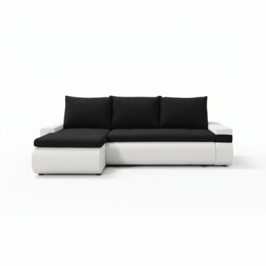 Narożnik z funkcją spania Manhattan lewy L-kształtny z pojemnikiem na pościel czarna plecionka z białą ekoskórą