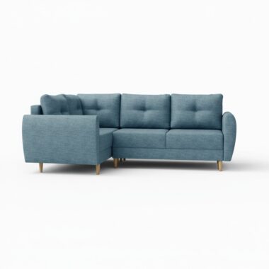 Narożnik z funkcją spania Manstad L lewy z pojemnikiem na pościel niebieska plecionka