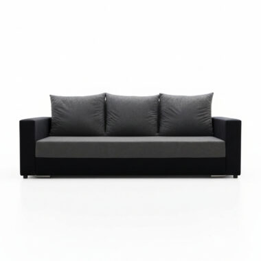 Kanapa z funkcją spania Mojito z pojemnikiem na pościel szary plusz z czarną ekoskórą