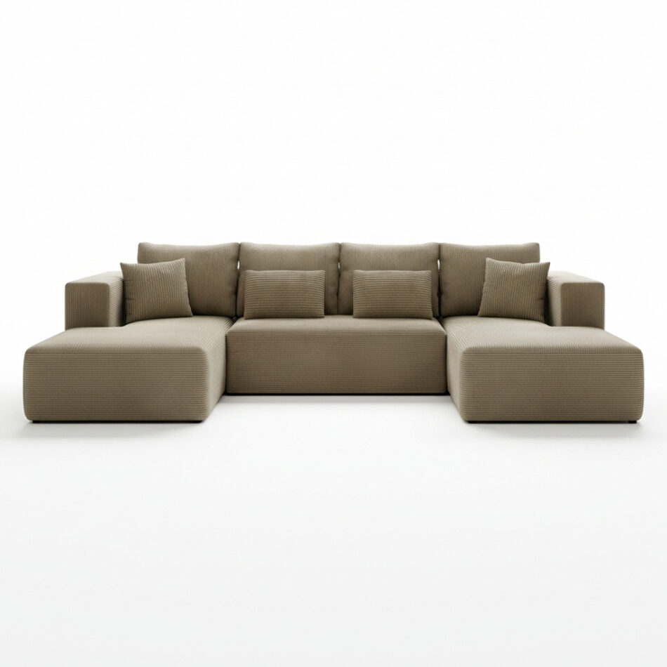 Narożnik z funkcją spania Stripes U-kształtny z pojemnikiem na pościel beżowy sztruks