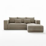 Narożnik z funkcją spania Stripes prawy L-kształtny z pojemnikiem na pościel beżowy sztruks