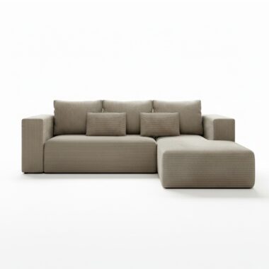 Narożnik z funkcją spania Stripes prawy L-kształtny z pojemnikiem na pościel beżowy sztruks