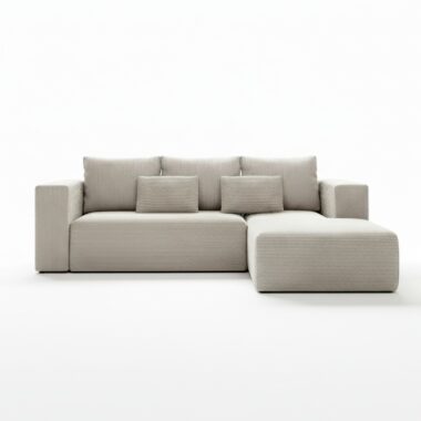 Narożnik z funkcją spania Stripes prawy L-kształtny z pojemnikiem na pościel kremowy sztruks