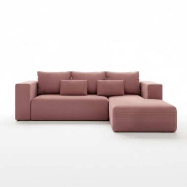 Narożnik z funkcją spania Stripes prawy L-kształtny z pojemnikiem na pościel brudny róż sztruks