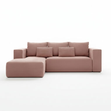 Narożnik z funkcją spania Stripes lewy L-kształtny z pojemnikiem na pościel pastelowy różowy sztruks