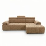 Narożnik z funkcją spania Calm prawostronny L-kształtny jasnobrązowy szenil