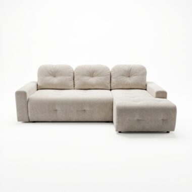 Narożnik z funkcją spania Nubo prawy L-kształtny z pojemnikiem na pościel kremowy szenil