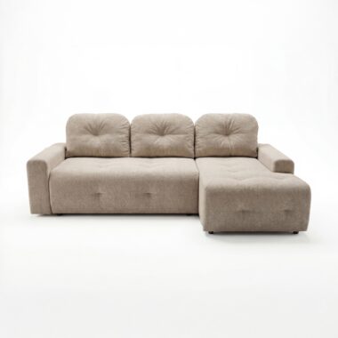 Narożnik z funkcją spania Nubo prawy L-kształtny z pojemnikiem na pościel beżowy szenil