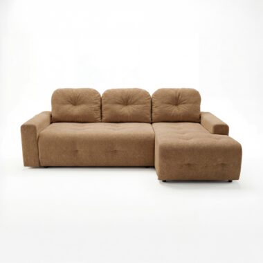 Narożnik z funkcją spania Nubo prawy L-kształtny z pojemnikiem na pościel karmelowy szenil