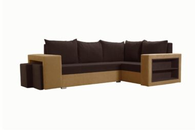 Narożnik z funkcją spania Milano prawy L-kształtny z pojemnikiem na pościel brązowo-beżowy plusz